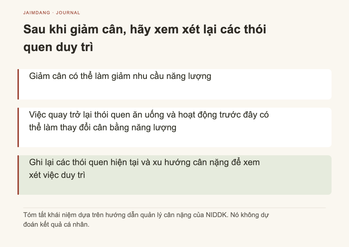 Sơ đồ khái niệm về cơ chế xem xét nhu cầu năng lượng và thói quen sinh hoạt sau giảm cân
