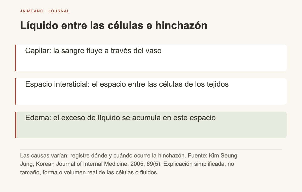 Diagrama explicativo del mecanismo del edema: acumulación de líquido fuera de los capilares en los tejidos