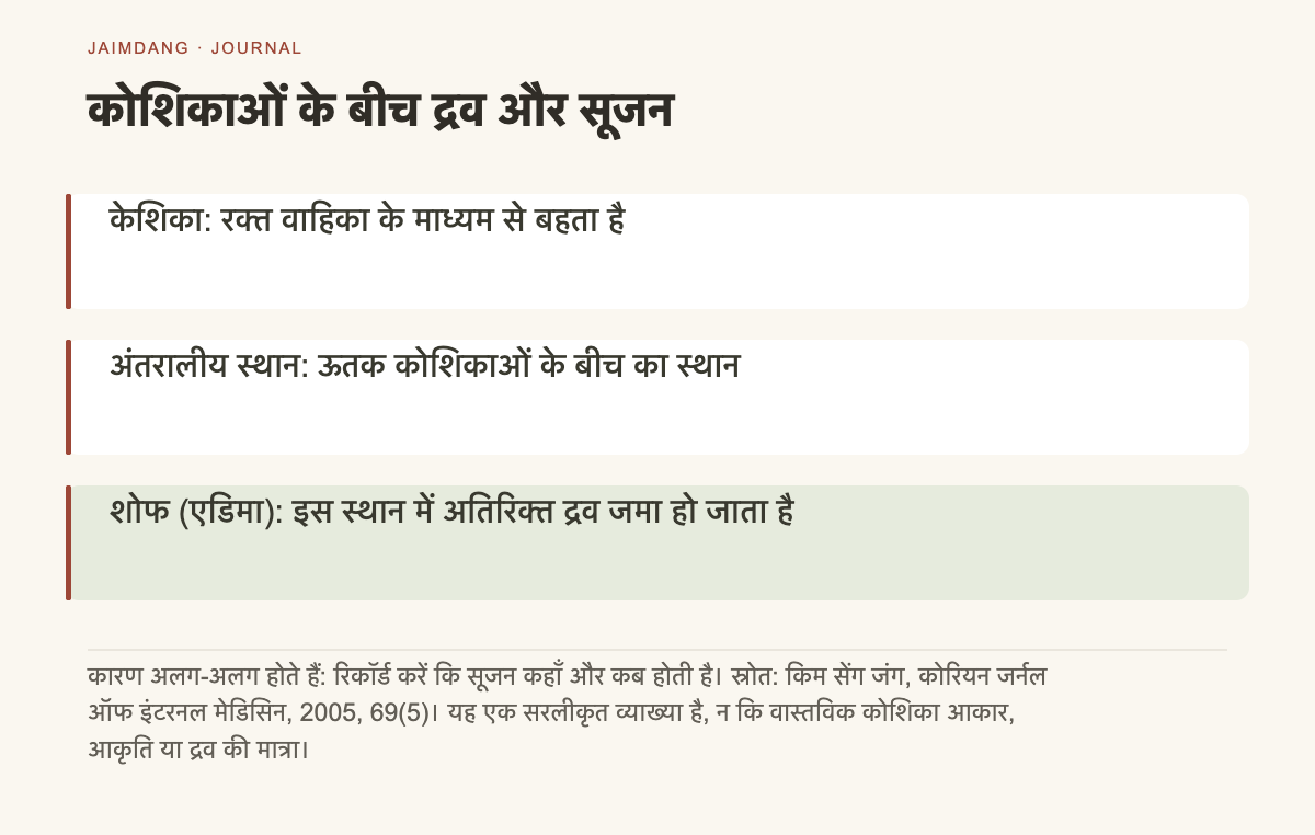 सूजन की प्रक्रिया का चित्रण: सूक्ष्म रक्त वाहिकाओं के बाहर ऊतकों के बीच तरल पदार्थ का जमाव
