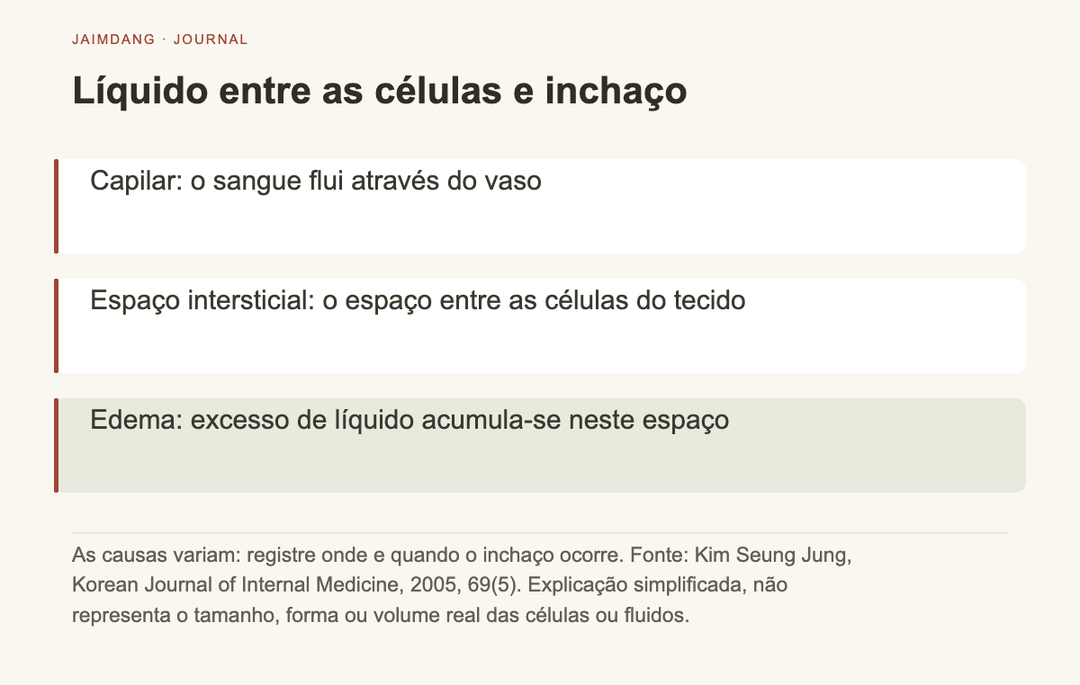Diagrama explicativo do mecanismo do edema: acúmulo de fluido fora dos capilares sanguíneos entre os tecidos