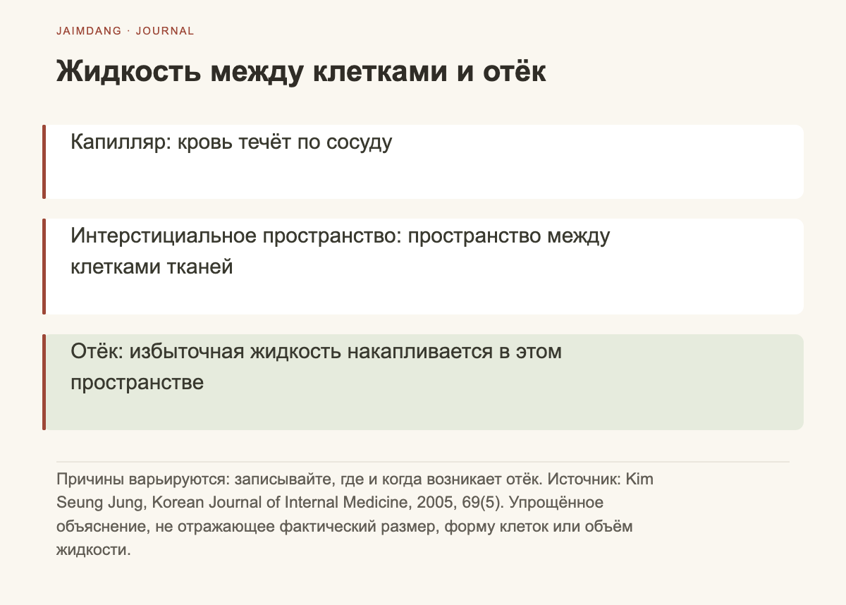 Схема механизма отёка: скопление жидкости в межклеточном пространстве вне капилляров