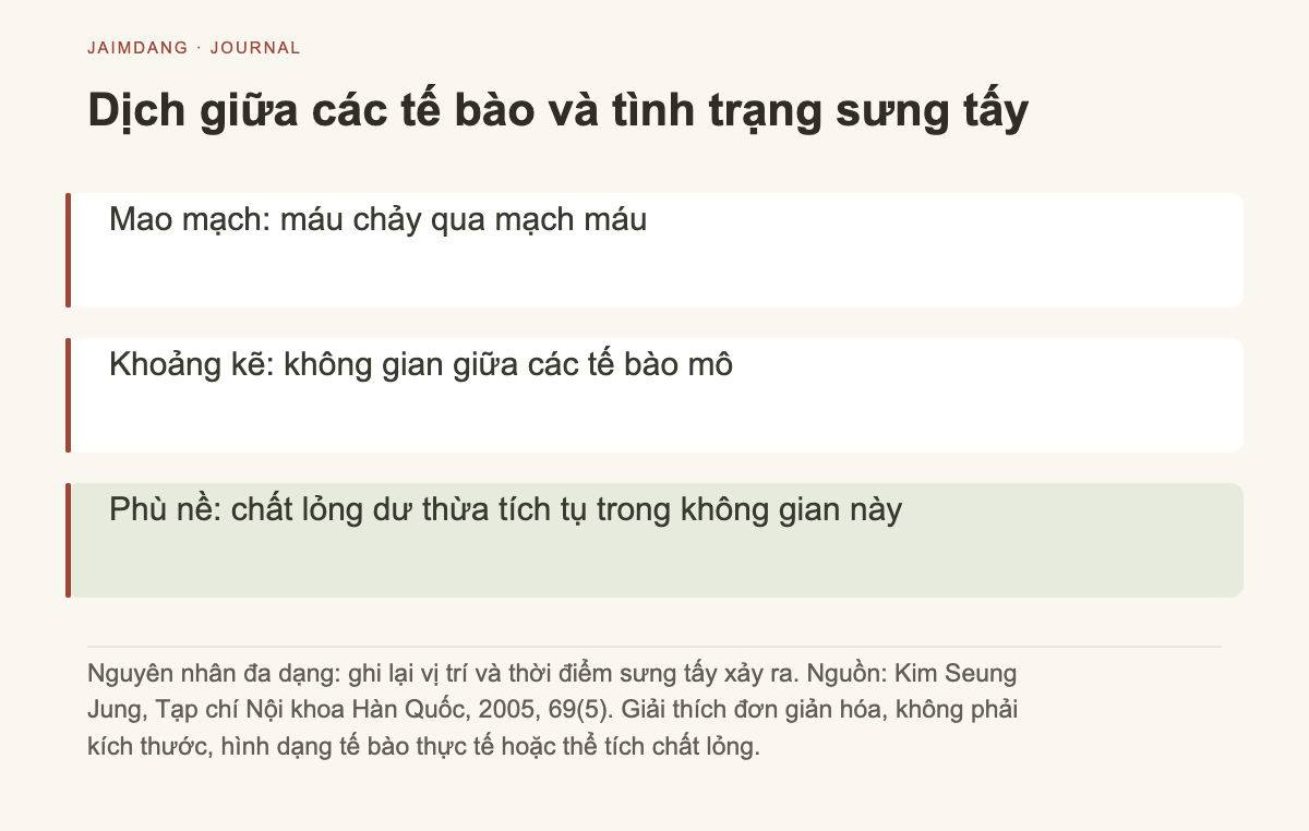 Sơ đồ cơ chế phù: dịch tích tụ giữa các mô ngoài mao mạch