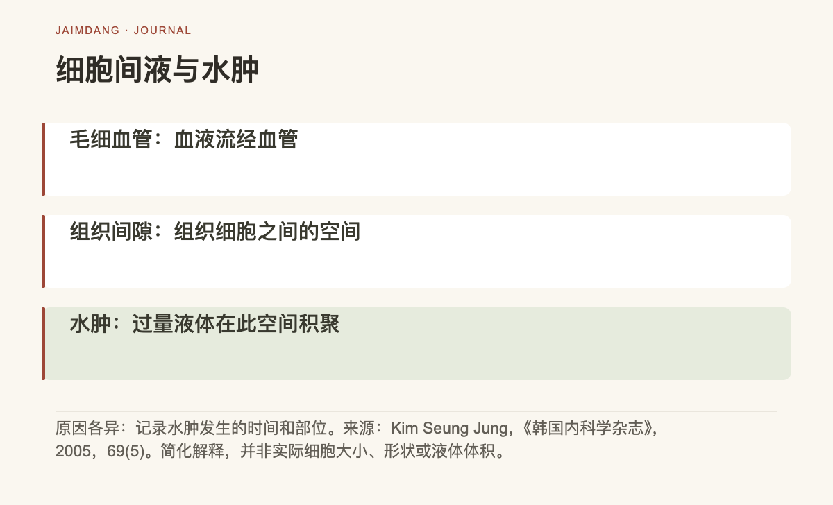 浮肿机制示意图:毛细血管外组织间隙积聚体液的状态