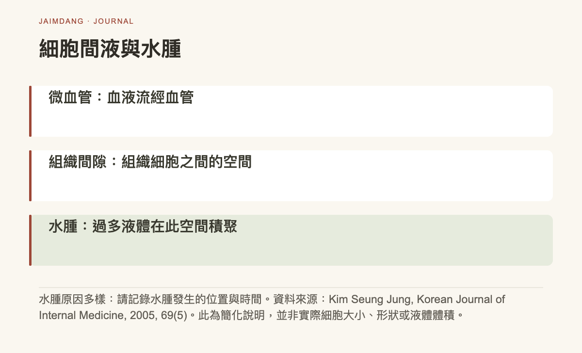 浮腫機制示意圖:體液積聚於微血管外組織間隙