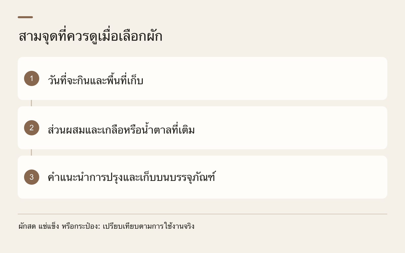 สามจุดที่ควรดูเมื่อเลือกผัก · วันที่จะกินและพื้นที่เก็บ · ส่วนผสมและเกลือหรือน้ำตาลที่เติม · คำแนะนำการปรุงและเก็บบนบรรจุภัณฑ์