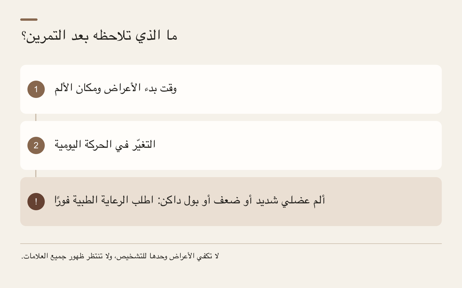 ما الذي تلاحظه بعد التمرين؟ · وقت بدء الأعراض ومكان الألم · التغيّر في الحركة اليومية · ألم عضلي شديد أو ضعف أو بول داكن: اطلب الرعاية الطبية فورًا