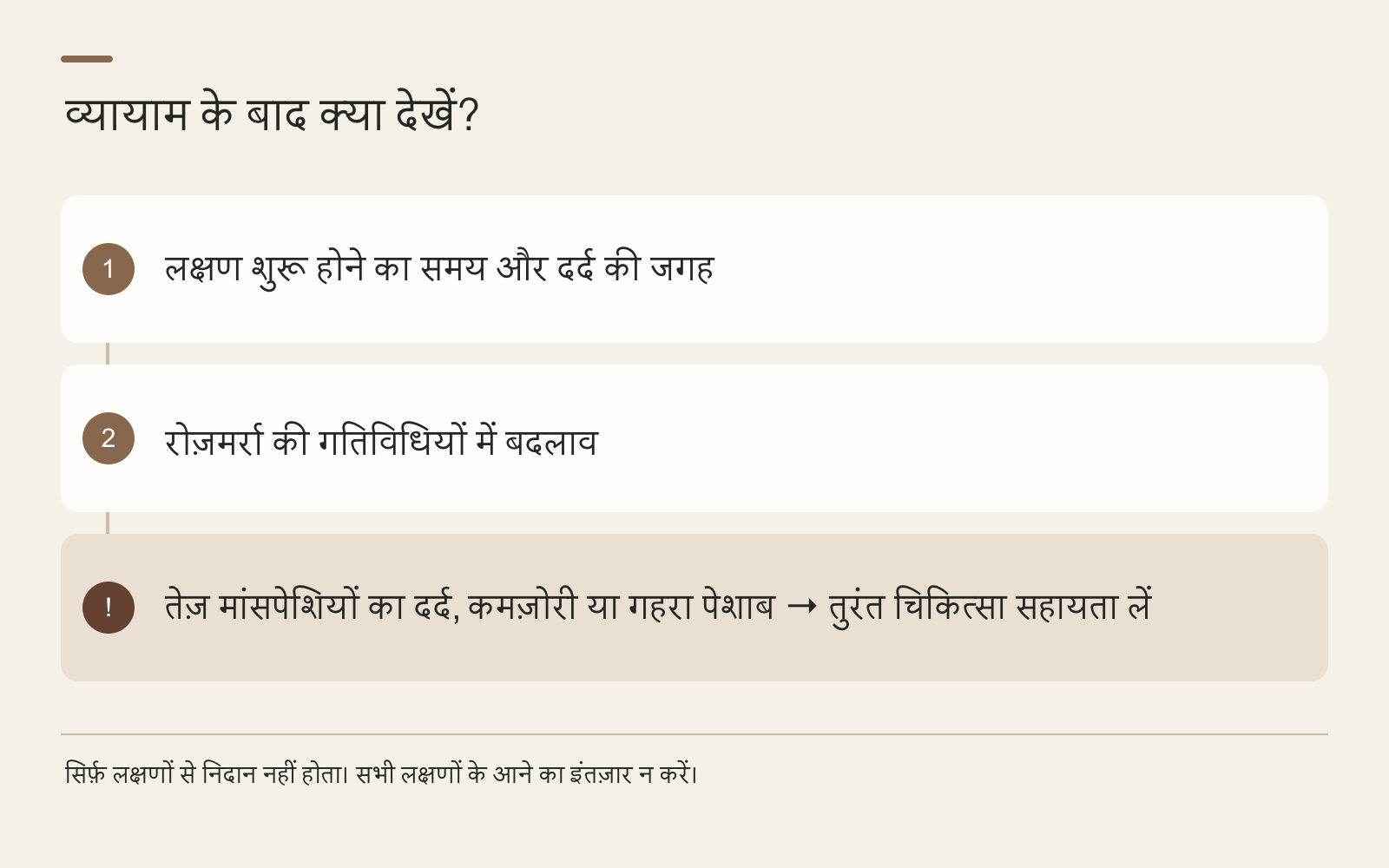 व्यायाम के बाद क्या देखें? · लक्षण शुरू होने का समय और दर्द की जगह · रोज़मर्रा की गतिविधियों में बदलाव · तेज़ मांसपेशियों का दर्द, कमज़ोरी या गहरा पेशाब → तुरंत चिकित्सा सहायता लें