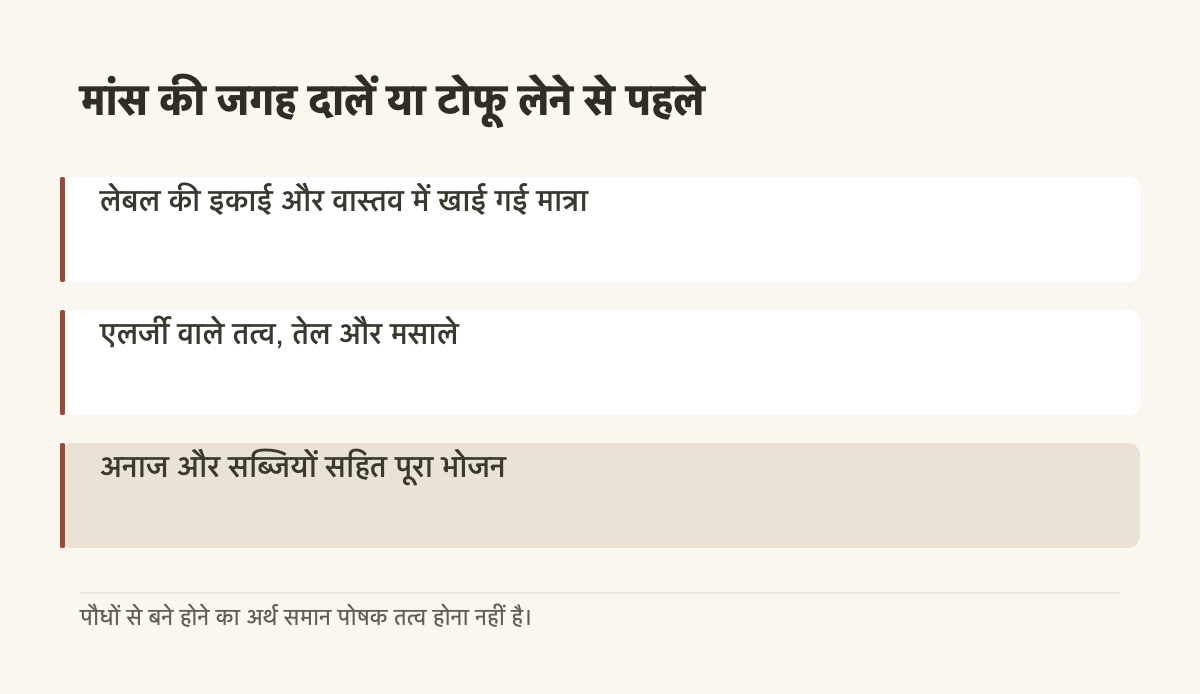 मांस की जगह दालें या टोफू लेने से पहले · लेबल की इकाई और वास्तव में खाई गई मात्रा · एलर्जी वाले तत्व, तेल और मसाले · अनाज और सब्जियों सहित पूरा भोजन