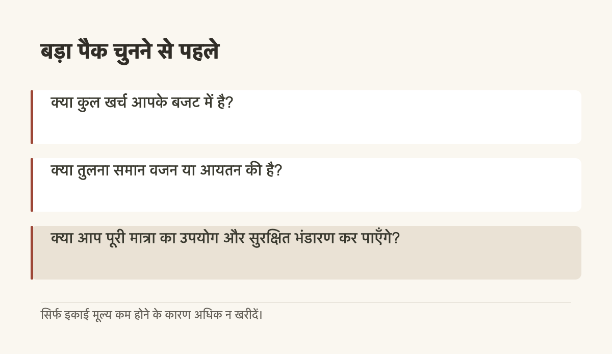 बड़ा पैक चुनने से पहले · क्या कुल खर्च आपके बजट में है? · क्या तुलना समान वजन या आयतन की है? · क्या आप पूरी मात्रा का उपयोग और सुरक्षित भंडारण कर पाएँगे?