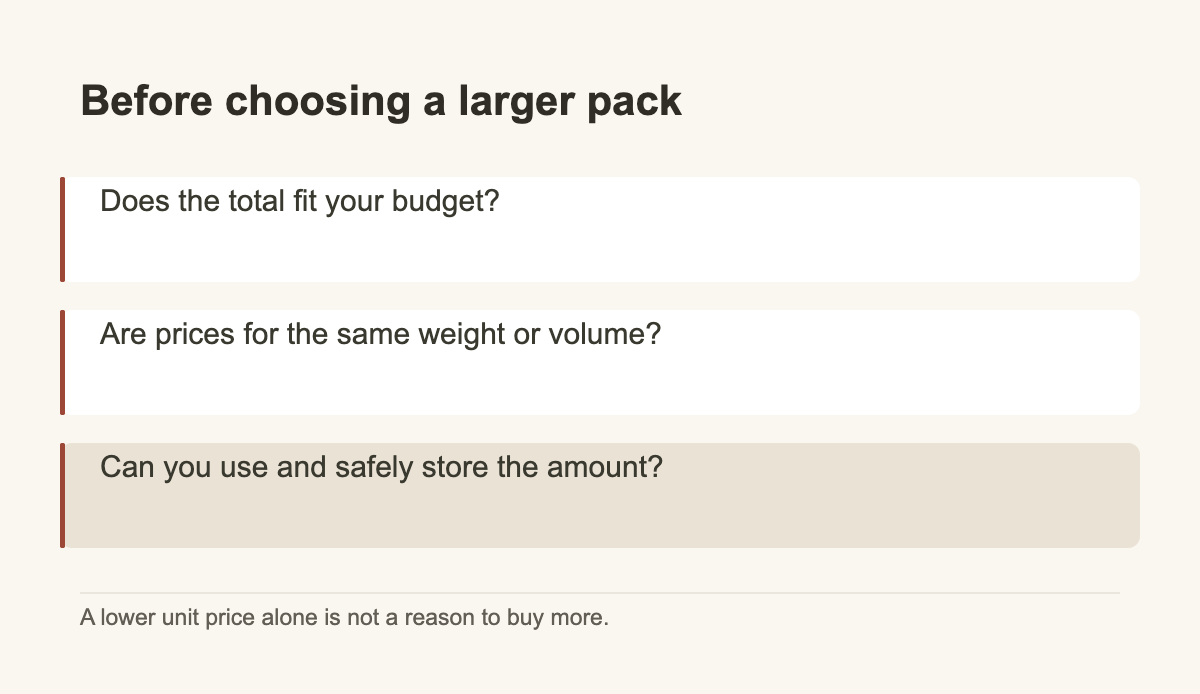 Before choosing a larger pack · Does the total fit your budget? · Are prices for the same weight or volume? · Can you use and safely store the amount?