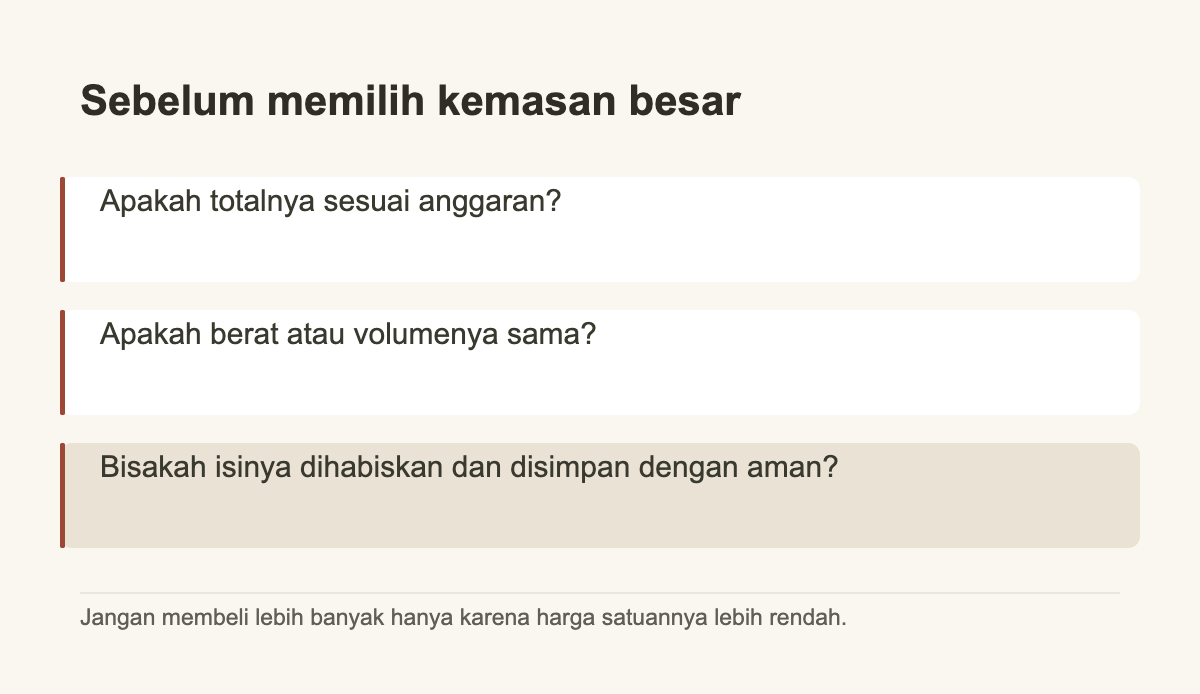 Sebelum memilih kemasan besar · Apakah totalnya sesuai anggaran? · Apakah berat atau volumenya sama? · Bisakah isinya dihabiskan dan disimpan dengan aman?