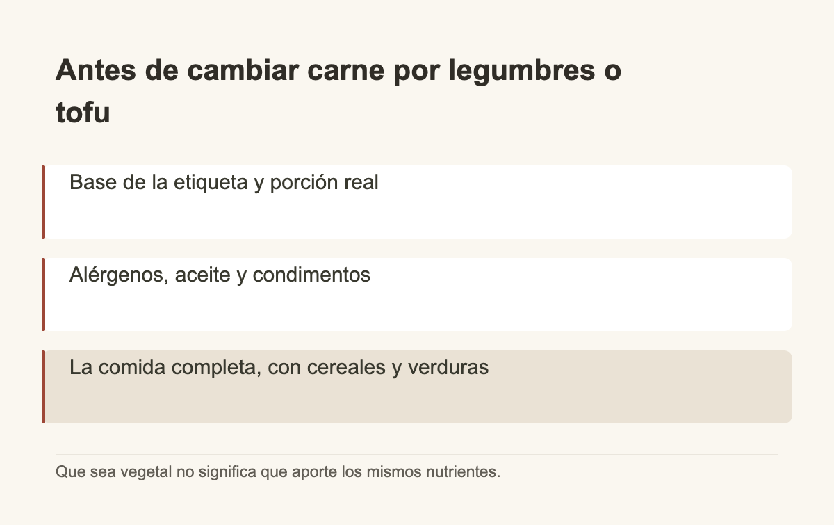 Antes de cambiar carne por legumbres o tofu · Base de la etiqueta y porción real · Alérgenos, aceite y condimentos · La comida completa, con cereales y verduras