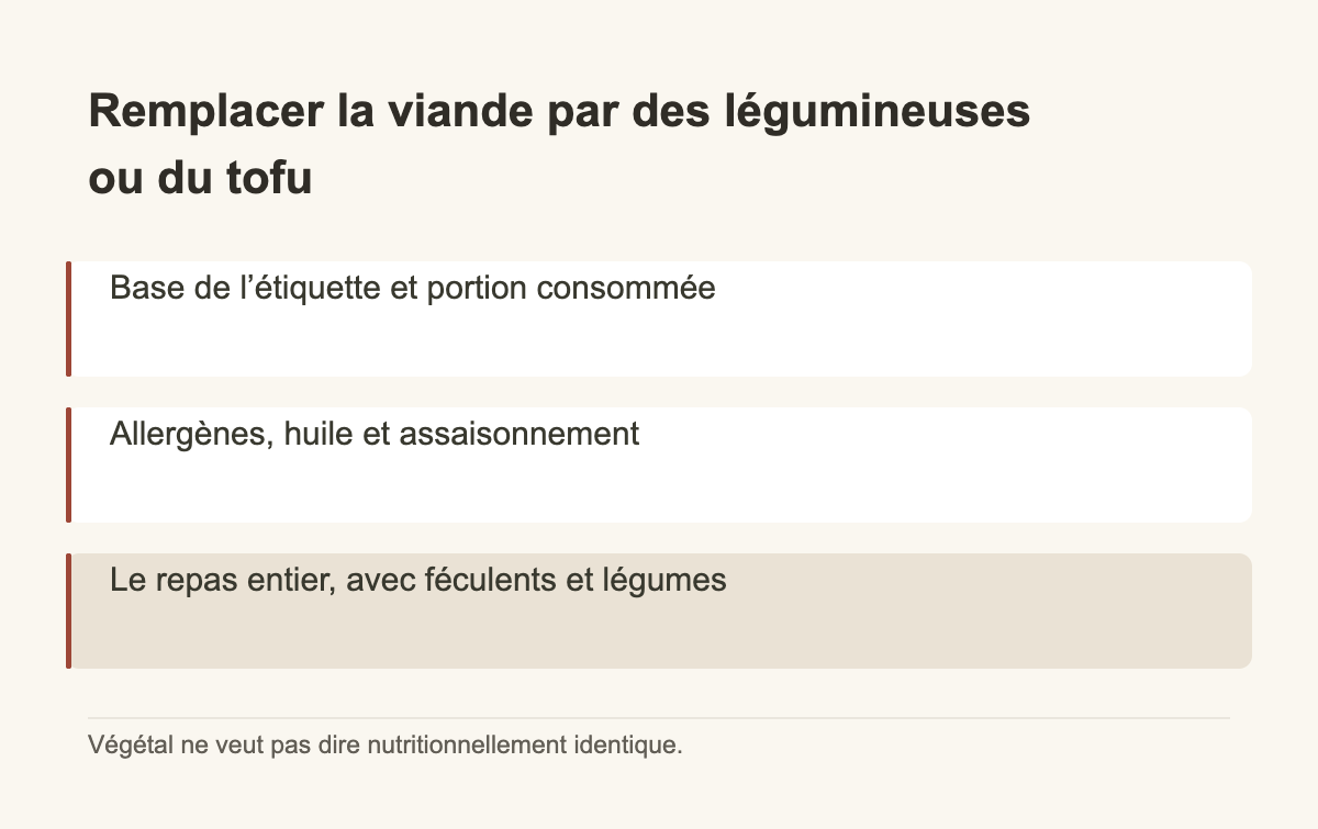 Remplacer la viande par des légumineuses ou du tofu · Base de l’étiquette et portion consommée · Allergènes, huile et assaisonnement · Le repas entier, avec féculents et légumes