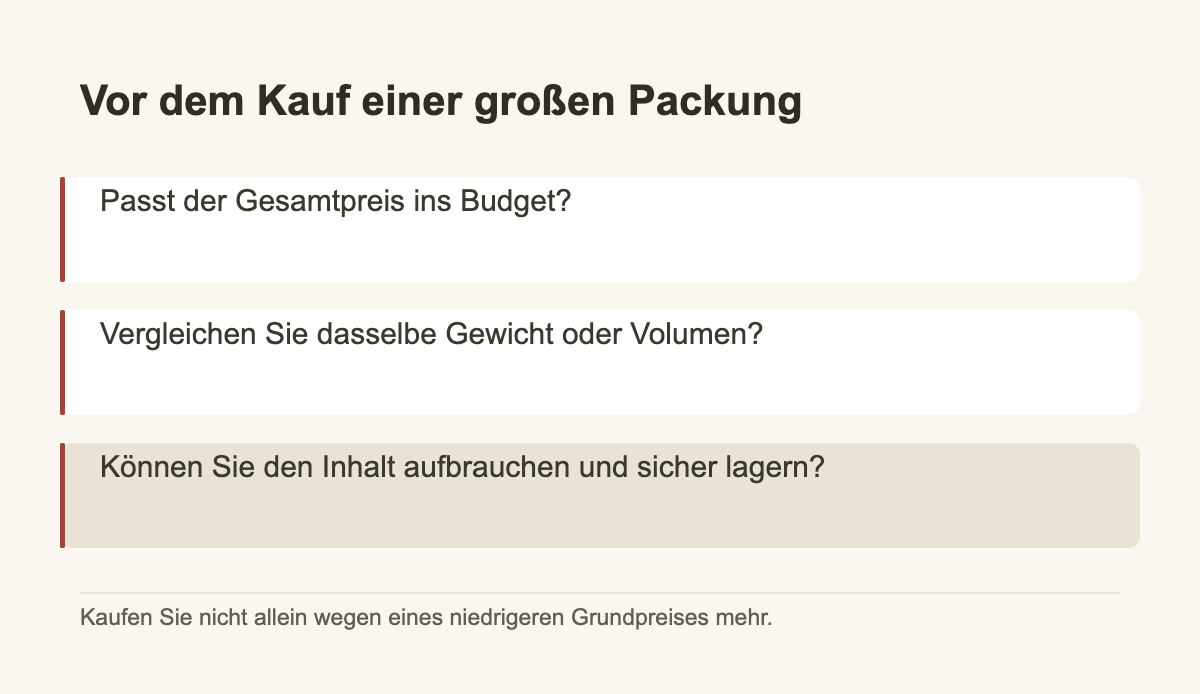 Vor dem Kauf einer großen Packung · Passt der Gesamtpreis ins Budget? · Vergleichen Sie dasselbe Gewicht oder Volumen? · Können Sie den Inhalt aufbrauchen und sicher lagern?
