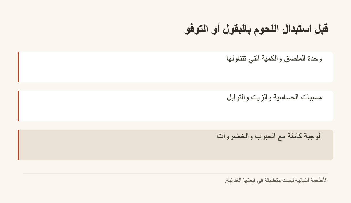 قبل استبدال اللحوم بالبقول أو التوفو · وحدة الملصق والكمية التي تتناولها · مسببات الحساسية والزيت والتوابل · الوجبة كاملة مع الحبوب والخضروات